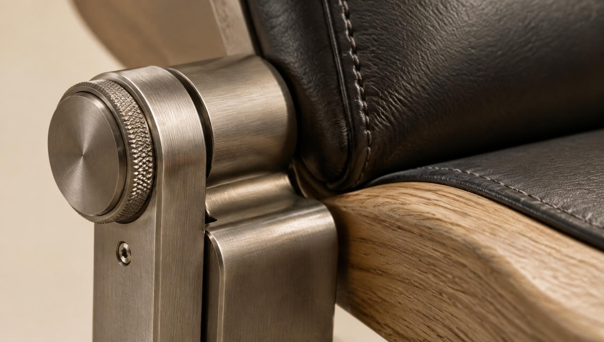 Machined titanium hinge meeting stitched leather and sculpted oak