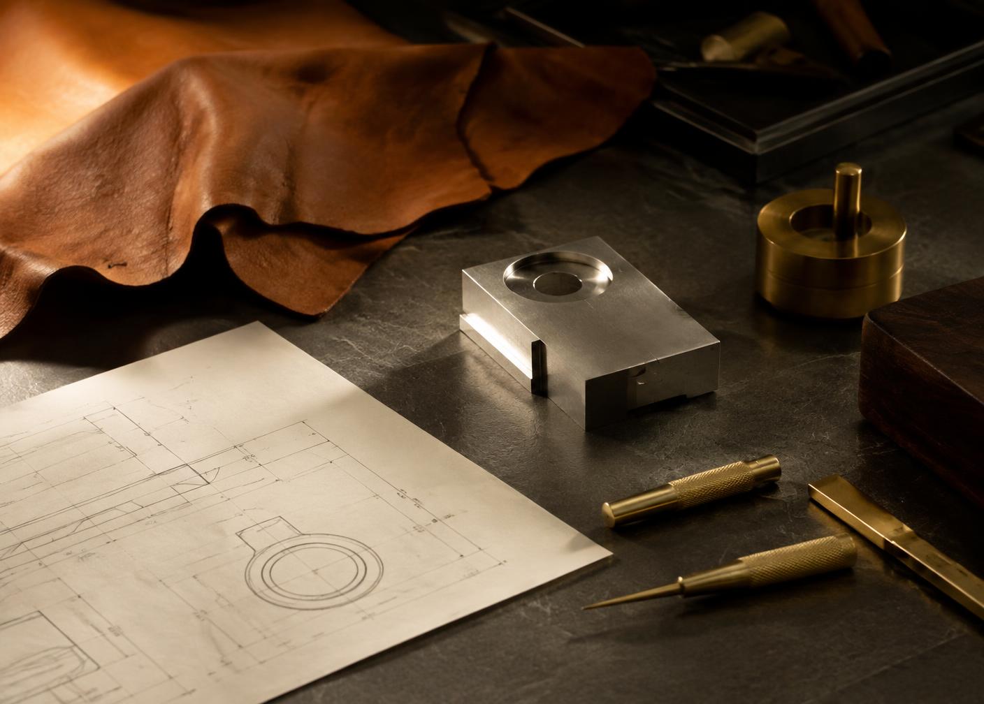 Atelier workbench with leather, machined aluminium and a technical drawing